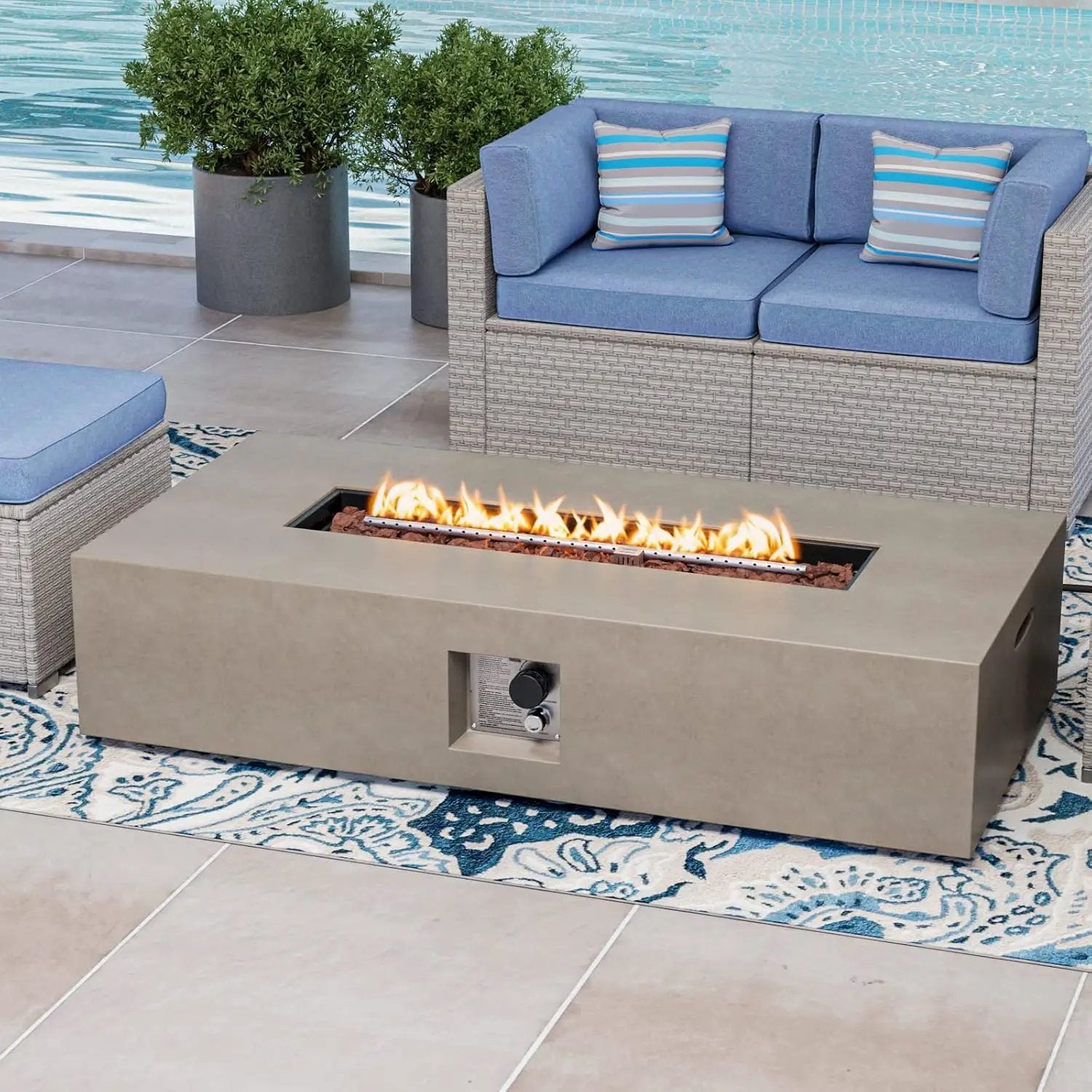 COSIEST 56-inch x 28-inch Outdoor Propane Fire Pit Coffee Table w Concrete Rectangle Base, CSA Certified, 50,000 BTU, Free Lava Rocks and RainCover, Fits 20lb Tank Outside(Gray) by GreenHaven Gardens