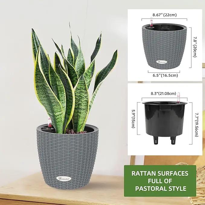 Dexceder 9x8 Inches Rattan Self Watering Planter Indoor Outdoor, Inner Pot Design, Thickened Table Flower Plant Pot with Water Level Indicator (Deep Gray) by GreenHaven Gardens