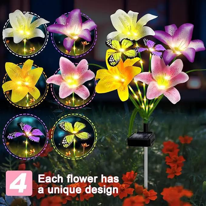Solar Garden Lights Outdoor, 4 Pack Flower Lights for Outside, 16 Solar Lilies with Butterflies, Waterproof Garden Decor for Yard, Patio, Gifts for Women Mom (4 pcs Lilies) by GreenHaven Gardens
