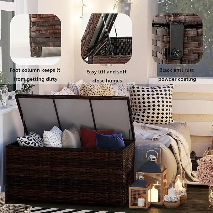 Outdoor 70 Gallon Wicker Storage Box with Waterproof Liner, Patio PE Rattan Storage Container for Outside, Deck Box with Hinged Lid for Cushions, Pillows, Towels, Horizontal Bin, Brown by GreenHaven Gardens