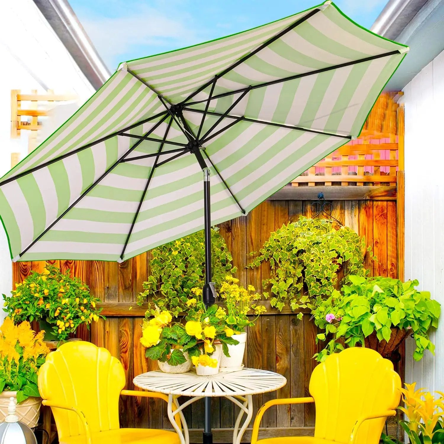 Sunnyglade 9' Patio Umbrella Outdoor Table Umbrella with 8 Sturdy Ribs (Grass Green and White) by GreenHaven Gardens