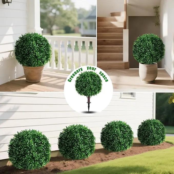 Artificial Boxwood Topiary Ball Tree Set of 2, UV Resistant Artificial Outdoor Shrubs with Spike, Decorative Evergreen Fake Topiary Bushes Plant for Front Porch Garden by GreenHaven Gardens
