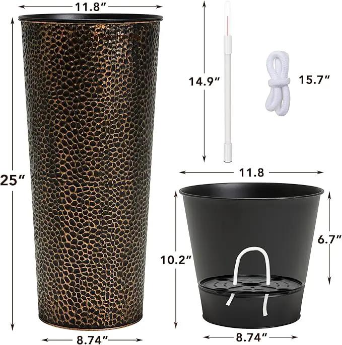 KOL 25" H. Metal Hand-Hammered Planters with Inner Pots 2-Pack, Bronze Decor Planter for Deck, Patio, Porch - Galvanized Steel Handcrafted Flower Pot - w/Water Level Indicator - Indoor Outdoor Use by GreenHaven Gardens