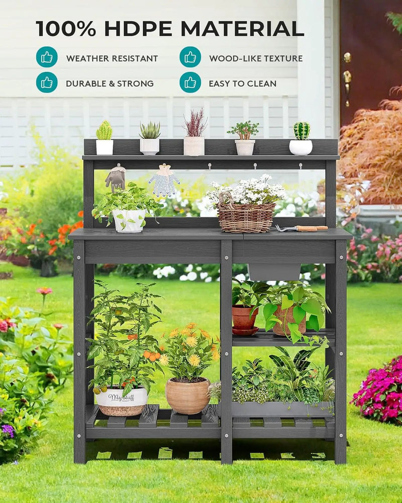 SERWALL Potting Bench Set of 2 Outdoor Potting Table with Sink, HDPE Potting Benches for Outside Gardening Table All Weather Use- Gray by GreenHaven Gardens