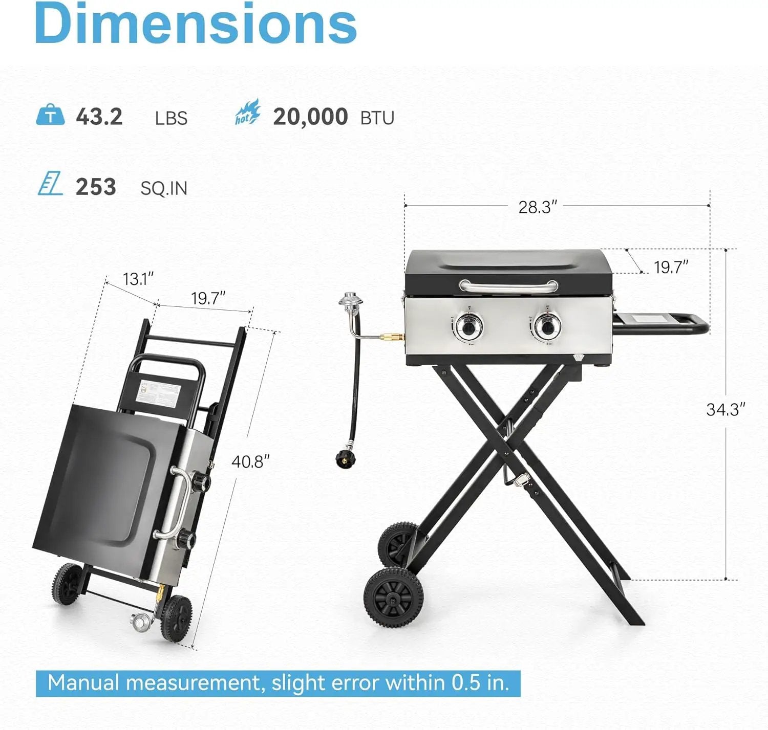 GREEN PARTY 2 Burner BBQ Propane Gas Griddle with Collapsible Stand, 18 Inch Portable Griddle with Side Table & 253 Sq. In. Cooking Area, Flat Top Gas Grill for Outdoor Cooking Garden Patio Backyard by GreenHaven Gardens