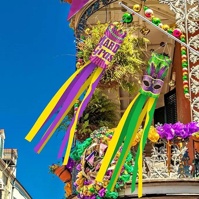 EBaokuup 4 Pcs Mardi Gras Wind Sock,41.3 Inch Mardi Gras Spinners Windsock,Purple Yellow Green Decor Windsock for Home Yard Party Mardi Gras Outdoor Decoration by GreenHaven Gardens