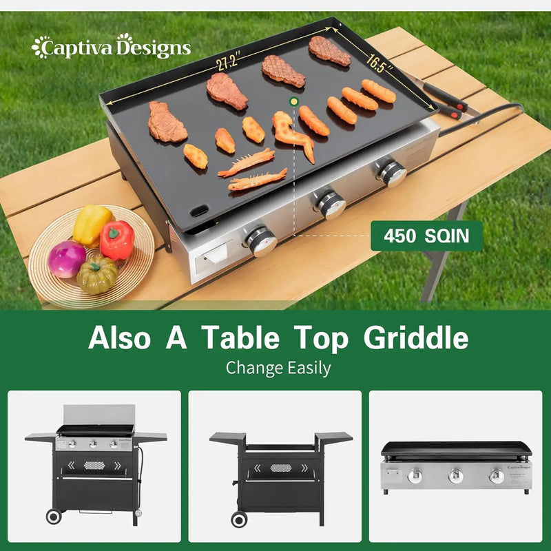 Captiva Designs 27 in Flat Top Griddle Grill with Ceramic Coated Cast Iron Pan, 3-Burner Propane Gas Griddle Grill, 33,000 BTU Output Flattop Grills for Outdoor Barbecue, Cooking and Party by GreenHaven Gardens