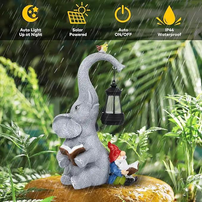 Solar Outdoor Garden Statues Lights, Elephant Figurines with Cute Gnome Garden Sculpture Decor, Luck Elephant Gifts for Woman Mother or Daughter, Unique Housewarming Gifts and Yard Decor by GreenHaven Gardens