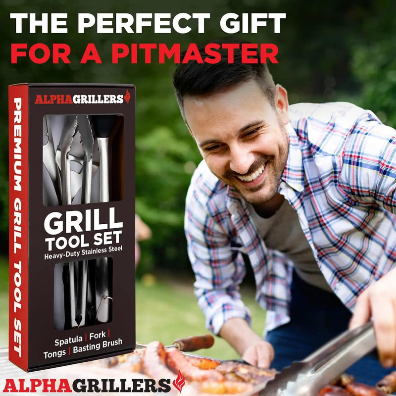 Alpha Grillers Grilling Accessories - BBQ Accessories Grill Gifts for Men Dad Him Husband Son Boyfriend Birthday - Barbecue Grilling Tools Utensils Set with Spatula, Fork, Brush, Tongs Kit by GreenHaven Gardens