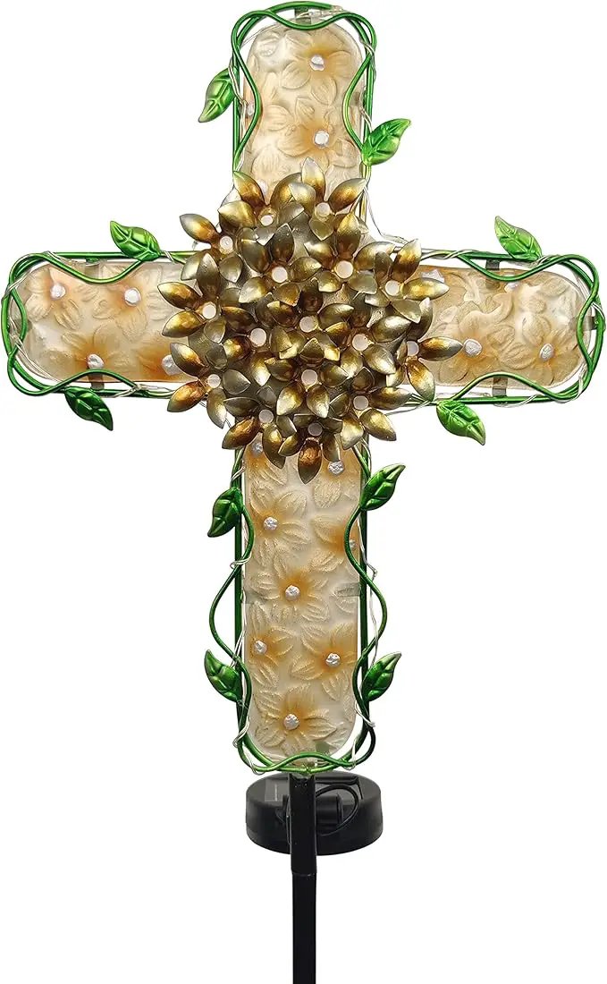 38inch Solar Cross Garden Lights Outdoor Decorative - Solar Metal&Glass Cross Apricot Hydrangea Flower Stake Lights- Waterproof 20 White LED for Remembrance Gifts & Sympathy Gifts by GreenHaven Gardens