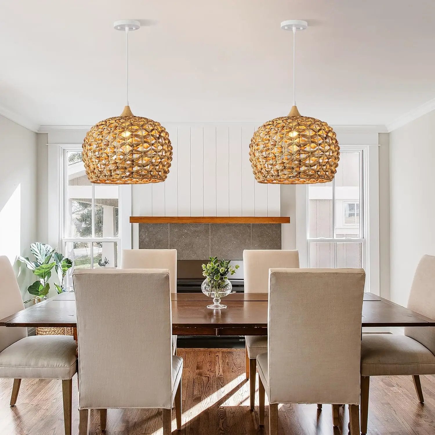 Boho Pendant Lights, 15.7" 1-Light Rattan Chandelier Hand-Woven Wicker Pendant Light with Water Hyacinth Shade, Coastal Dome Hanging Light for Dining Room Kitchen Island by GreenHaven Gardens
