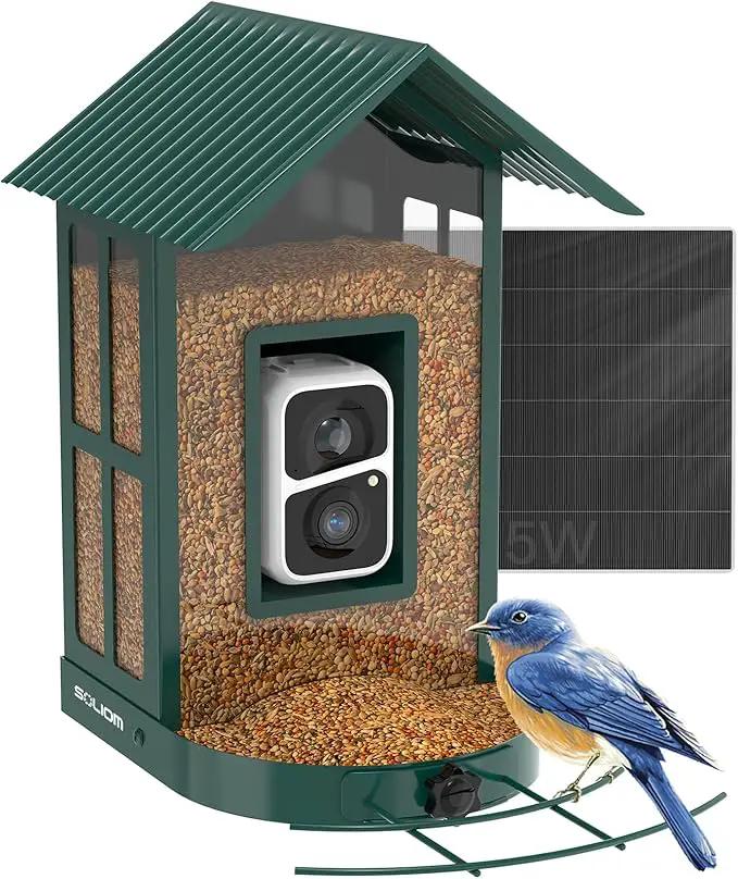 Soliom- Bird Feeder with Camera, 5W Solar Powered, AI Identify Species, Smart Wild Bird Watching, 2K Live View, Instant Arrival Alerts,Large 2.7L Seed Capacity, Metal Squirrel Chew-Proof - BF08 Green by GreenHaven Gardens