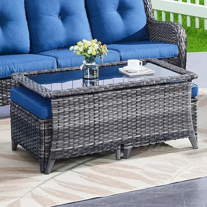 Wicker Outdoor Furniture Patio Furniture Set - 6 Piece Patio Conversation Set with Swivel Rocker Chairs, Loveseat Sofa, Ottomans and Coffee Table, Blue Cushion by GreenHaven Gardens