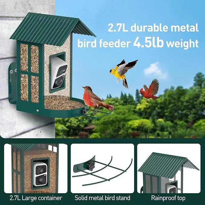 Soliom- Bird Feeder with Camera, 5W Solar Powered, AI Identify Species, Smart Wild Bird Watching, 2K Live View, Instant Arrival Alerts,Large 2.7L Seed Capacity, Metal Squirrel Chew-Proof - BF08 Green by GreenHaven Gardens