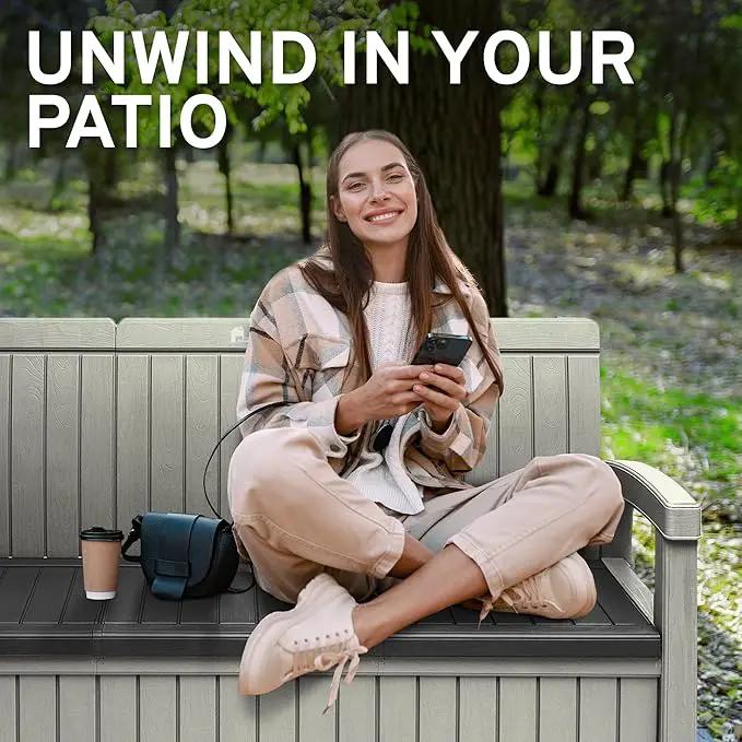 EconoHome 3 Seat Outdoor Storage Bench - 90 Gallon Capacity - Weatherproof Resin Bench for Patio, Porch, Garden, Yard, Pool Area - Furniture for Pool Accessories, Gardening Tools, Toys by GreenHaven Gardens