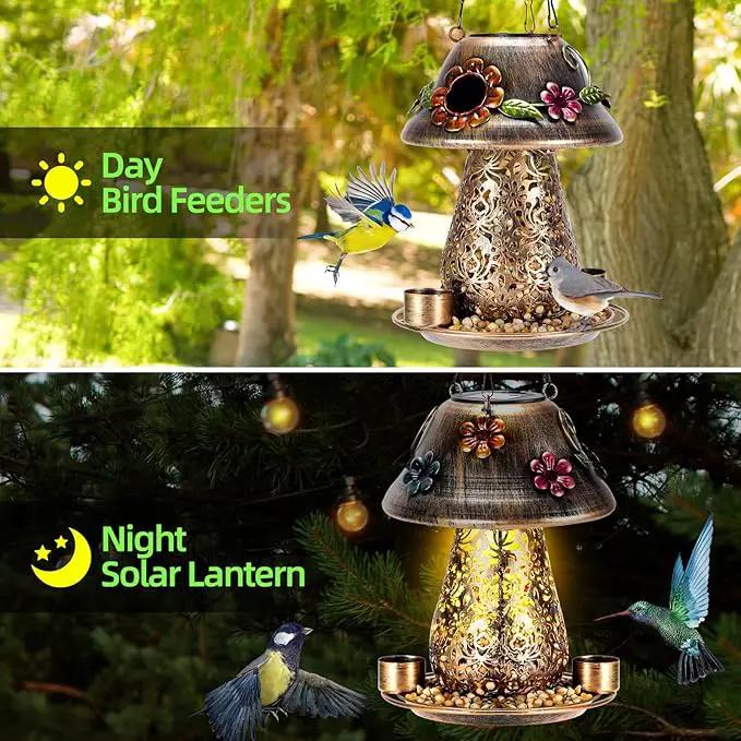 Mushroom Solar Bird Feeders for Outdoors Hanging Metal Wild Bird Feeder Garden Lantern with S Hook for Garden Decoration Brown by GreenHaven Gardens
