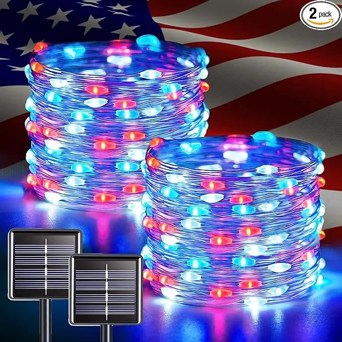 JMEXSUSS 2 Pack Red White and Blue Solar Lights, Each 100 LED 33FT Solar Fairy Lights Outdoor Waterproof, 4th of July Solar String Lights for Independence Day Outside Decorations by GreenHaven Gardens