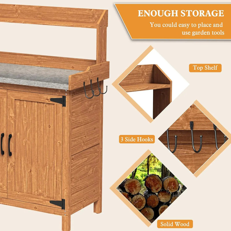 Outdoor Potting Bench with Storage, Wooden Garden Potting Table with Metal Tabletop and Removable Shelf, Potting Work Bench Station for Garden, Patio, Backyard by GreenHaven Gardens