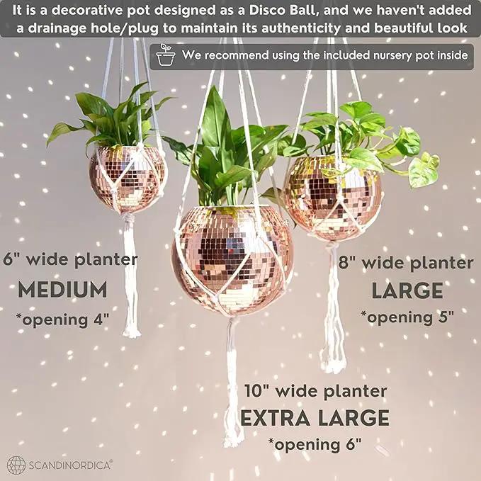 SCANDINORDICA Disco Ball Planter – Value Package: Mirror Disco Planter with Chain, Macrame Hanger and Acrylic Stand for Desk, Includes Self Watering Insert, Quirky Gifts | 6 inch Rose Gold by GreenHaven Gardens