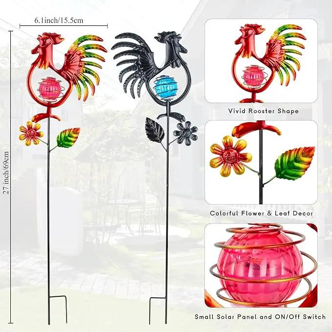 Rooster Solar Garden Lights, 2 Pack Metal Solar Stake Light, 27" H Outdoor Chicken Statues Figurine Lights for Spring Garden Lawn Patio Yard Decoration by GreenHaven Gardens