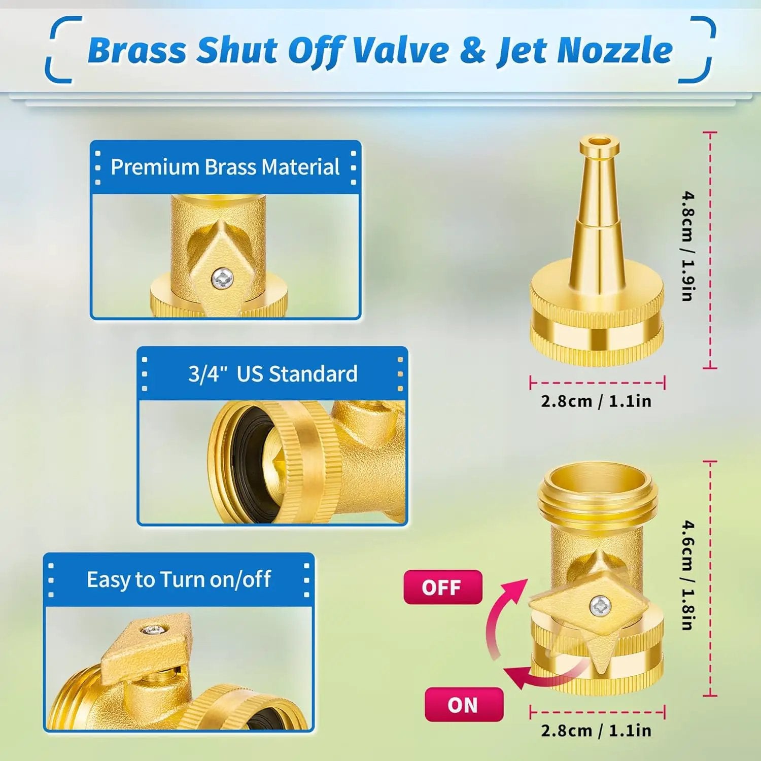 AUTOMAN Brass Hose Nozzle - High Pressure Jet Nozzle 4 Count (2 Set), Heavy Duty Water Hose Sprayer Sweeper with Hose Shutoff Valve, 3/4” GHT Nozzles for Garden Hose, Car Wash, Extra 10 Rubber Washers by GreenHaven Gardens