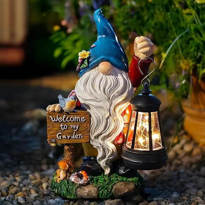 Garden Gnome Statues Figurine Lights - Solar Powered Lighting Outdoor Decorations with Lantern & Welcome Sign, Yard Art Lawn Ornaments for Porch Patio Balcony - Gnome Gifts for Women Mom by GreenHaven Gardens