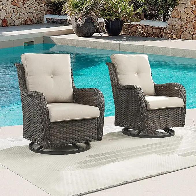 Outdoor Patio Swivel Rocker Chairs - Single Wicker Rattan Patio Swivel Rocking Chair with High Back,Deep Seating and Comfort Cushions for Deck Porch Garden,Brown/Beige by GreenHaven Gardens