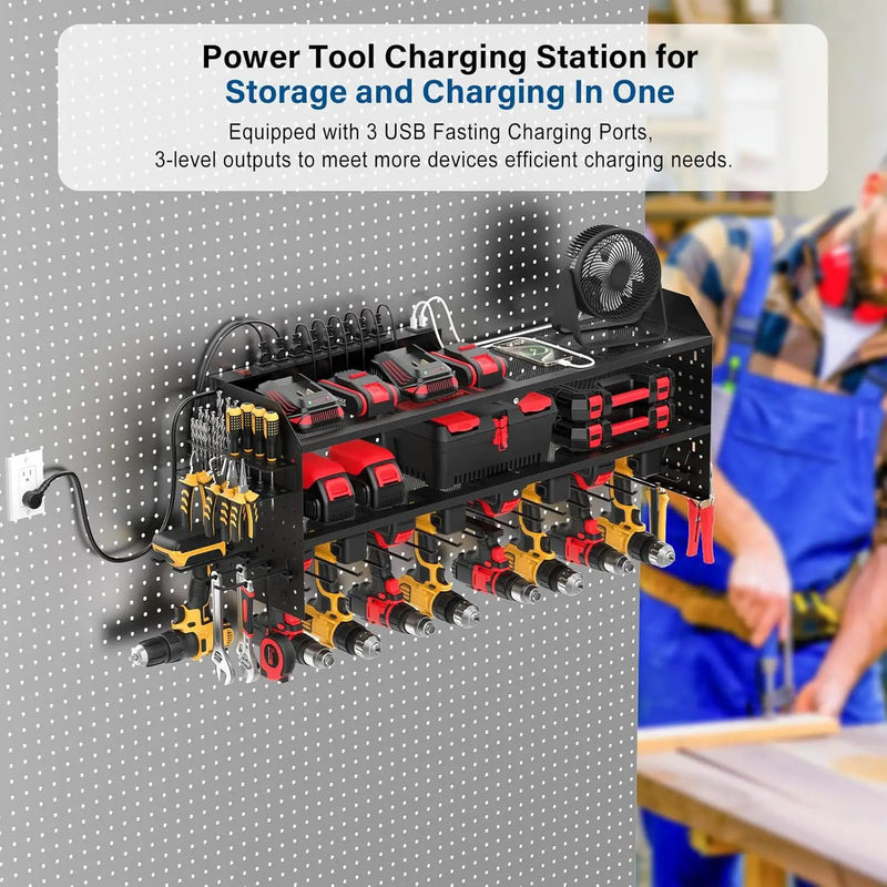 JUNNUJ Large Power Tool Organizer Wall Mount with Charging Station. Garage 8 Drill Holder Tools Battery Storage Shelf, Heavy Duty Utility Storage Rack Built in 8 Outlet 3 USB 10 FT Power Strip by GreenHaven Gardens
