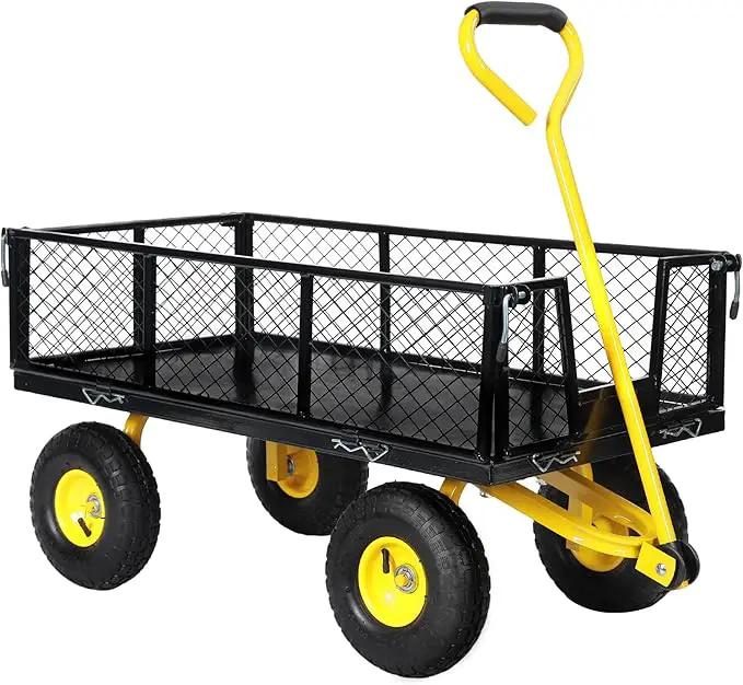 SUNNYFEEL 900 Lbs Capacity Heavy Duty Mesh Steel Garden Cart, Folding Utility Wagon with Removable Sides,10 Inch Flat Free Tires, Black & Yellow by GreenHaven Gardens