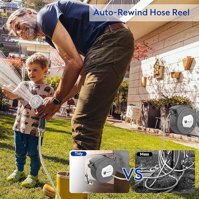 Retractable Garden Hose Reel, 1/2 in x 100 ft Wall Mounted Hose Reel, 10-Pattern Spray Nozzle, Any Length Lock/Slow Return System/Wall Mounted/180°Swivel Bracket by GreenHaven Gardens