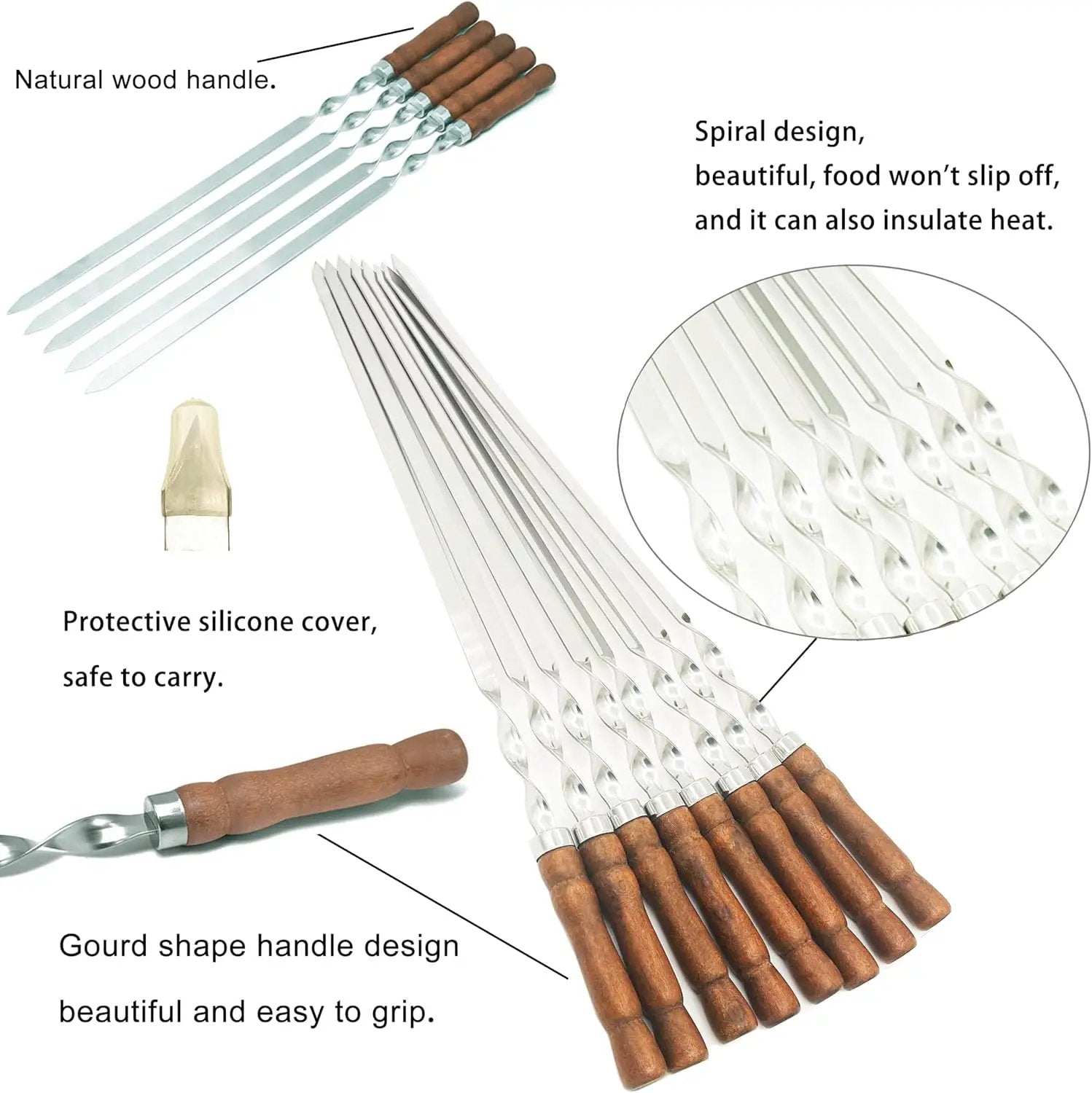 23.6 Inch Skewers for Kabobs 0.62 Inch Wide Kabob Skewer 8PCS Reusable Metal Skewers for Grilling Long Kebab Skewer Large Heavy Duty BBQ Sticks Stainless Steel Barbecue Sticks with Oak Handle by GreenHaven Gardens
