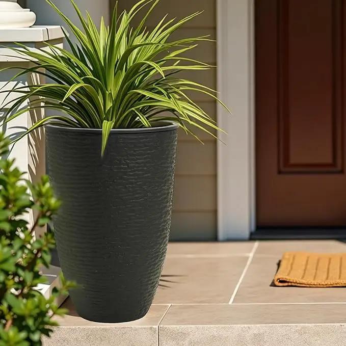 WORTH Garden 2-Pack 21" H. Black Tall Planters with Inside Pots - 14'' Dia Plastic Large Round Plant Tree Pots - Decorative Imitation Stone Finish for Indoor Outdoor Front Porch Container Patio by GreenHaven Gardens