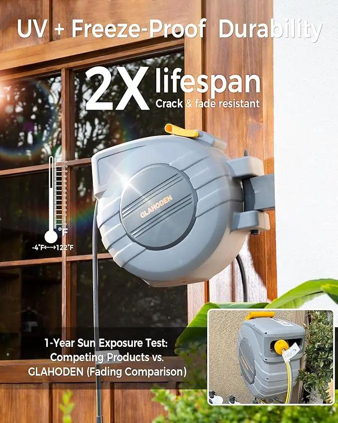 Retractable Garden Hose Reel 5/8 in x 65 ft, 2025 Upgraded Dual Ratchet Lock UV & Freeze Protection Brass Seal Slow Retraction Anti-Tangle Hose 180°Swivel Reinforced Scaffold Wall Mount by GreenHaven Gardens