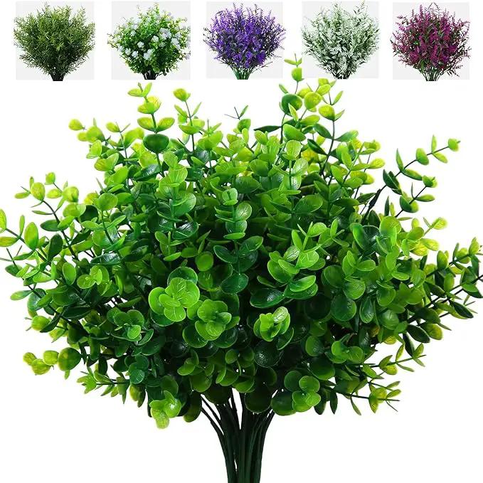 Artificial Plants Flowers Grass Shrubs 8 Pack No Fade Faux Plastic Flowers Outdoor for Farmhouse Garden Porch Patio Indoor Wedding Decoration Greenery Fake Plants uv Resistant (1#Green) by GreenHaven Gardens
