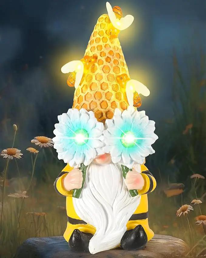 iStatue Garden Gnomes Outdoor Clearance with Solar Bee Lights - 9.5'' Resin Figurine Honeycomb Sunflower Spring Summer Decoration for Home Garden Decor Lawn Ornaments (Mr Bee Gnome) by GreenHaven Gardens