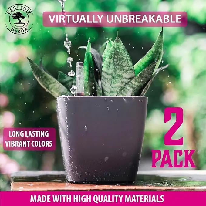 GARDENIX DECOR 5" Self Watering pots for Indoor Plants - Flower Pot with Water Level Indicator for Plants, Grow Tracking Tool - Self Watering Planter Plant Pot – 2 Pack Gray by GreenHaven Gardens