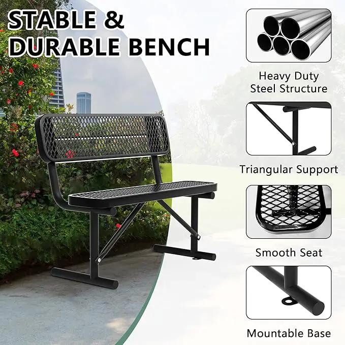 4 FT Heavy Duty Metal Park Bench with Back for Outside, Outdoor Black Bench with Backrest & Portable Frame, 1-3 Person Seat-Commercial Benches Garden Benches for Outdoors by GreenHaven Gardens