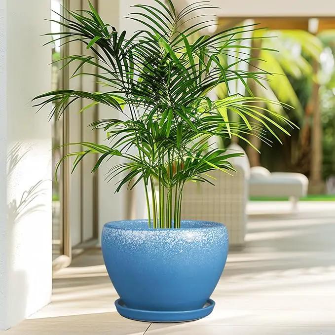 Ceramic Planter Pot 10 Inch - Ceramic Plant Pot for Indoor Outdoor Plants, Large Flower Pot with Drainage Hole and Saucer, Blue by GreenHaven Gardens