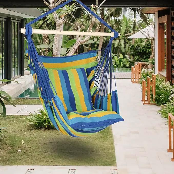 Highwild Hammock Chair Hanging Rope Swing - Max 500 Lbs - 2 Cushions Included - Steel Spreader Bar with Anti-Slip Rings - for Any Indoor or Outdoor Spaces (Blue Striped) by GreenHaven Gardens