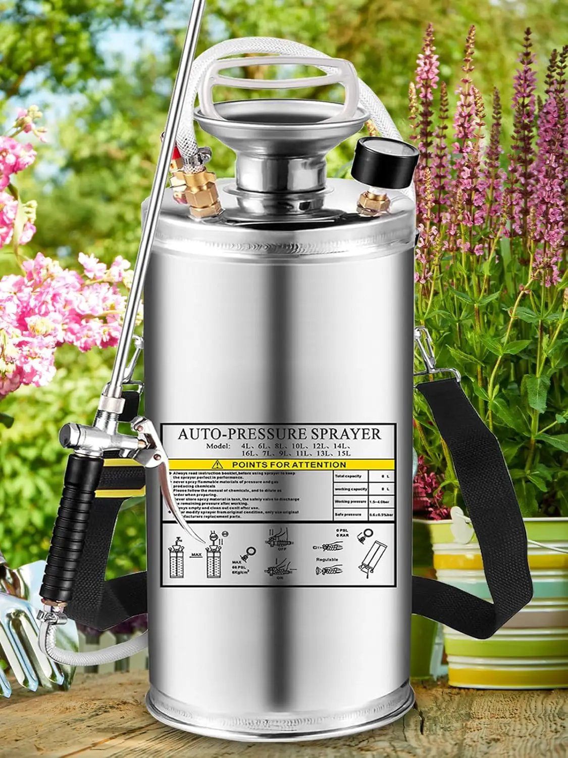 3.5 Gallon Stainless Steel Sprayer, Hand Metal Pump Up Sprayer Reinforced Hose with Pressure Gauge, Safety Valve & Adjustable Nozzle, Garden Weed Sprayers for Lawn, Gardening, Sanitizing by GreenHaven Gardens