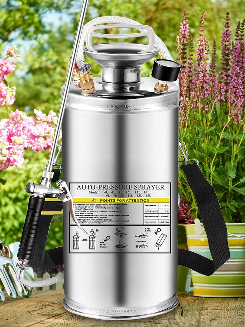 3.5 Gallon Stainless Steel Sprayer, Hand Metal Pump Up Sprayer Reinforced Hose with Pressure Gauge, Safety Valve & Adjustable Nozzle, Garden Weed Sprayers for Lawn, Gardening, Sanitizing by GreenHaven Gardens