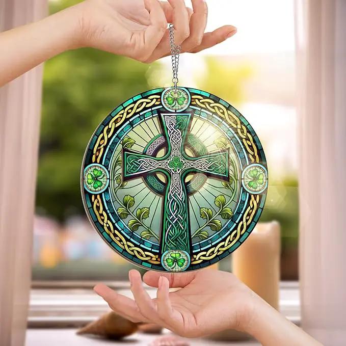 Irish Gifts, St Patricks Day Decor - Birthday, Christmas, Good Luck Irish Gifts for Men Women, Shamrock Decorations, Celtic Cross Home Decor - Window Suncatcher Hanging Decorations 6 in by GreenHaven Gardens