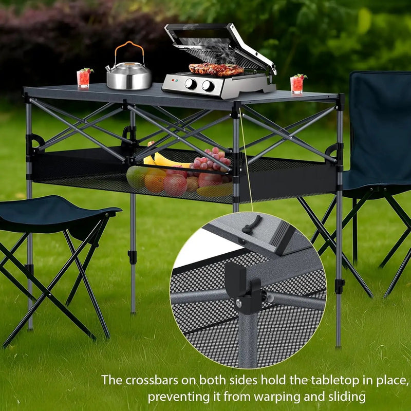Camping Table Foldable, 2 Adjustable Height 34.2”, Large Roll Up Camping Table Support 264lbs with Storage Basket and Bag, Aluminum Outdoor Table, for Picnic Travel BBQ, 39.4” x 19.7”, Black by GreenHaven Gardens