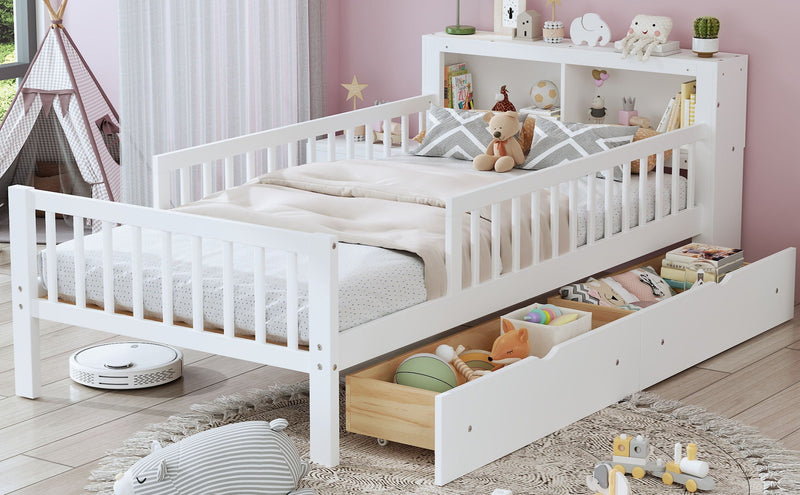 Bed With Headboard Storage Rack, 2 Under Bed Drawers, 3 Side Guardrails For Safety by HouseOfZazla