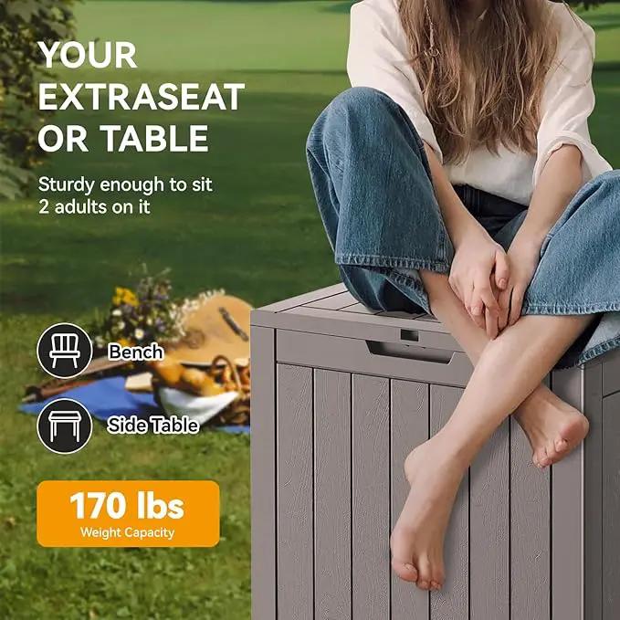 KAMABOKO Deck Box, 32 Gallon Resin Indoor and Outdoor Storage Boxes Waterproof for Garden Tools, Pool Accessories Storage Bench, Patio Furniture and Cushions with Lockable Lid, Grey by GreenHaven Gardens