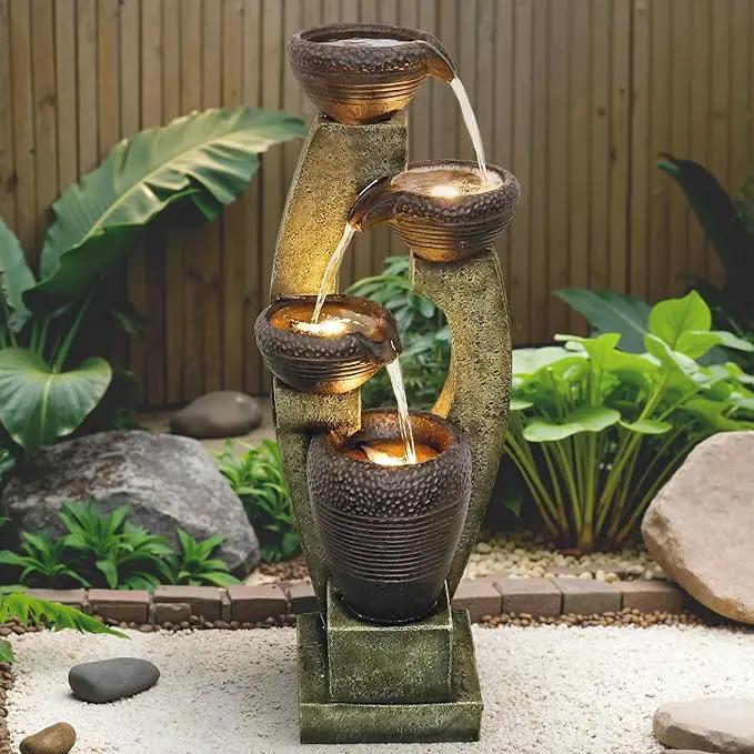 Naturefalls 40” H Modern Outdoor Fountain - 4 Crocks Outdoor Garden Fountains with Contemporary Design&LED Light for Garden, Patio, Deck, Porch, Backyard and Home Art Decor (40in, Light Gray) by GreenHaven Gardens