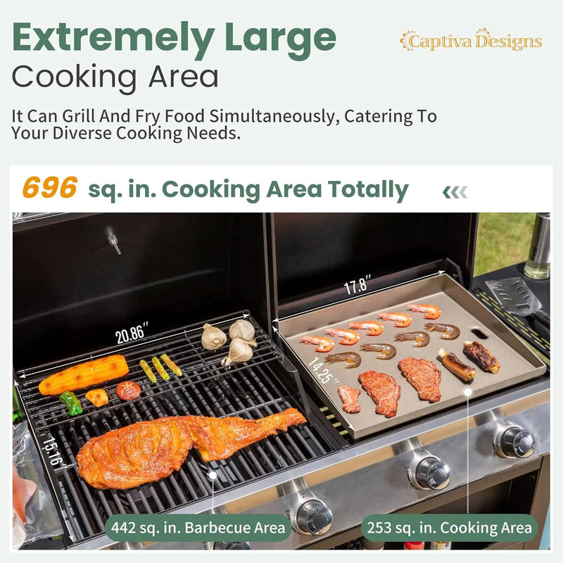 Captiva Designs Propane Gas Griddle Grill Combo with Porcelain-Enameled Cast Iron Grate & Cast Iron Pan, Dual BBQ Grill With Flat Top Griddle for Outdoor Kitchen & Backyard Barbecue,696 SQIN Cook Area by GreenHaven Gardens