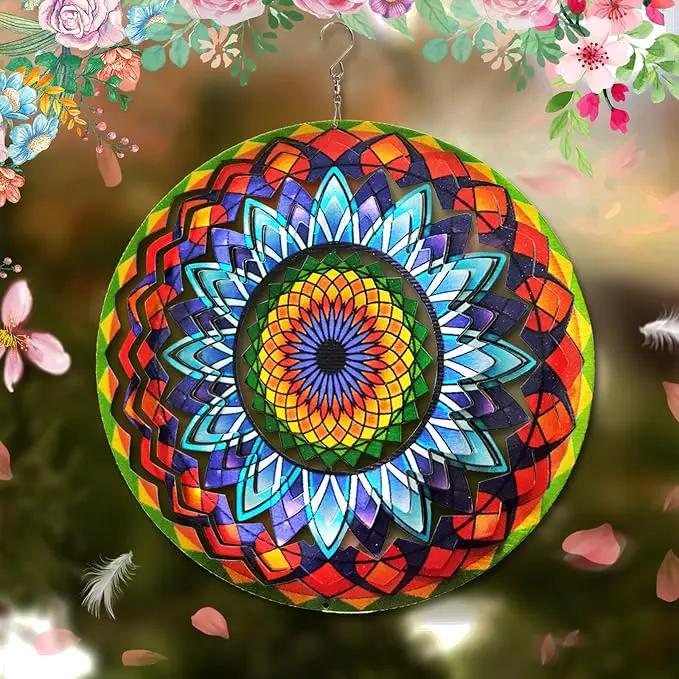 FONMY Wind Spinner Mandala Sun Flower 12 inches – 3D Stainless Steel – Laser Cut Metal Art Geometric Pattern - Hanging Wind Spinner, Kinetic Yard Art Decorations - Indoor/Outdoor Décor by GreenHaven Gardens