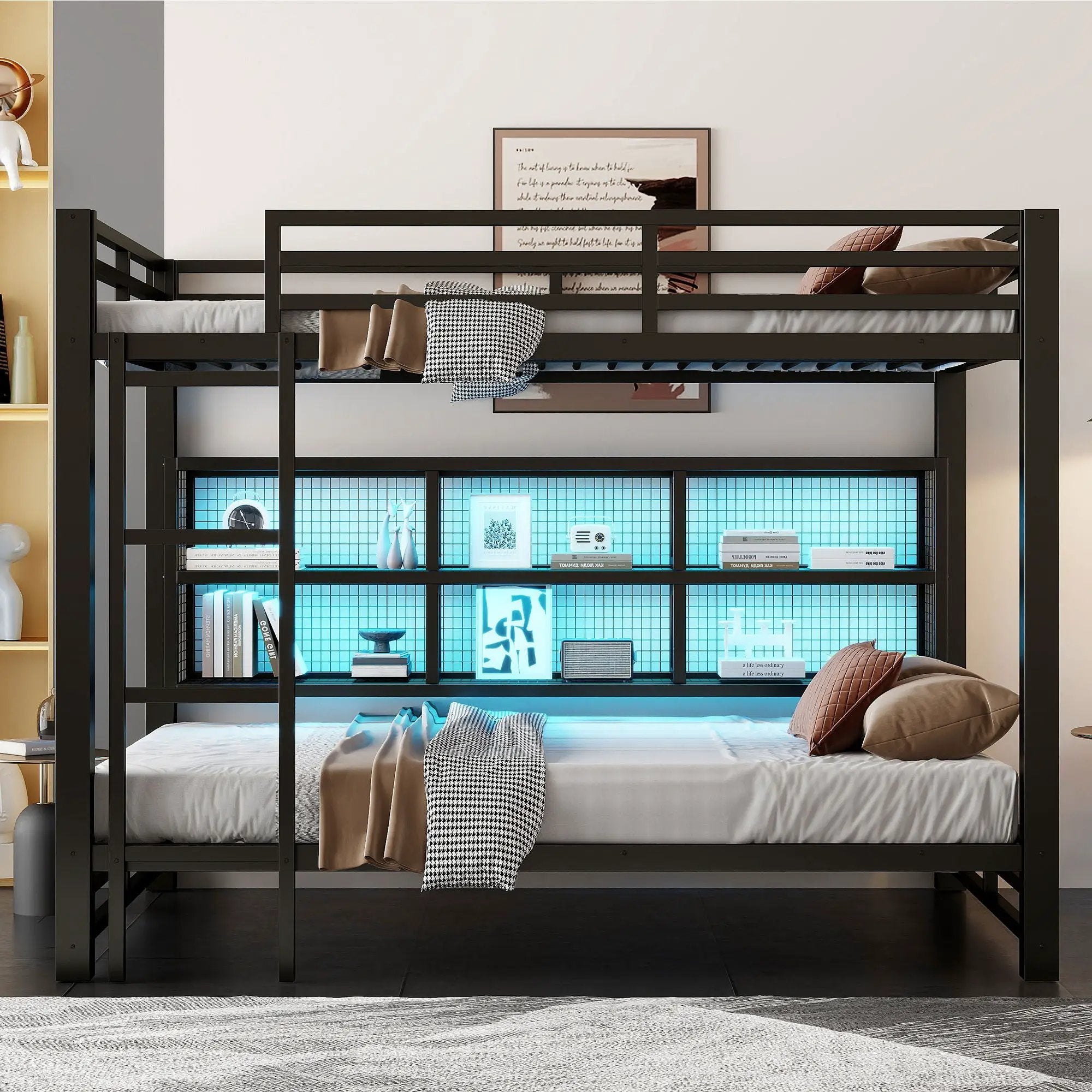 Queen Over Queen Bunk Bed With Storage Cabinets And LED Sturdy Frame, 6 Storage Units, Adjustable LED Lights - Black by Unique Piece Furniture