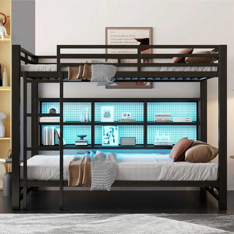 Queen Over Queen Bunk Bed With Storage Cabinets And LED Sturdy Frame, 6 Storage Units, Adjustable LED Lights - Black by Unique Piece Furniture